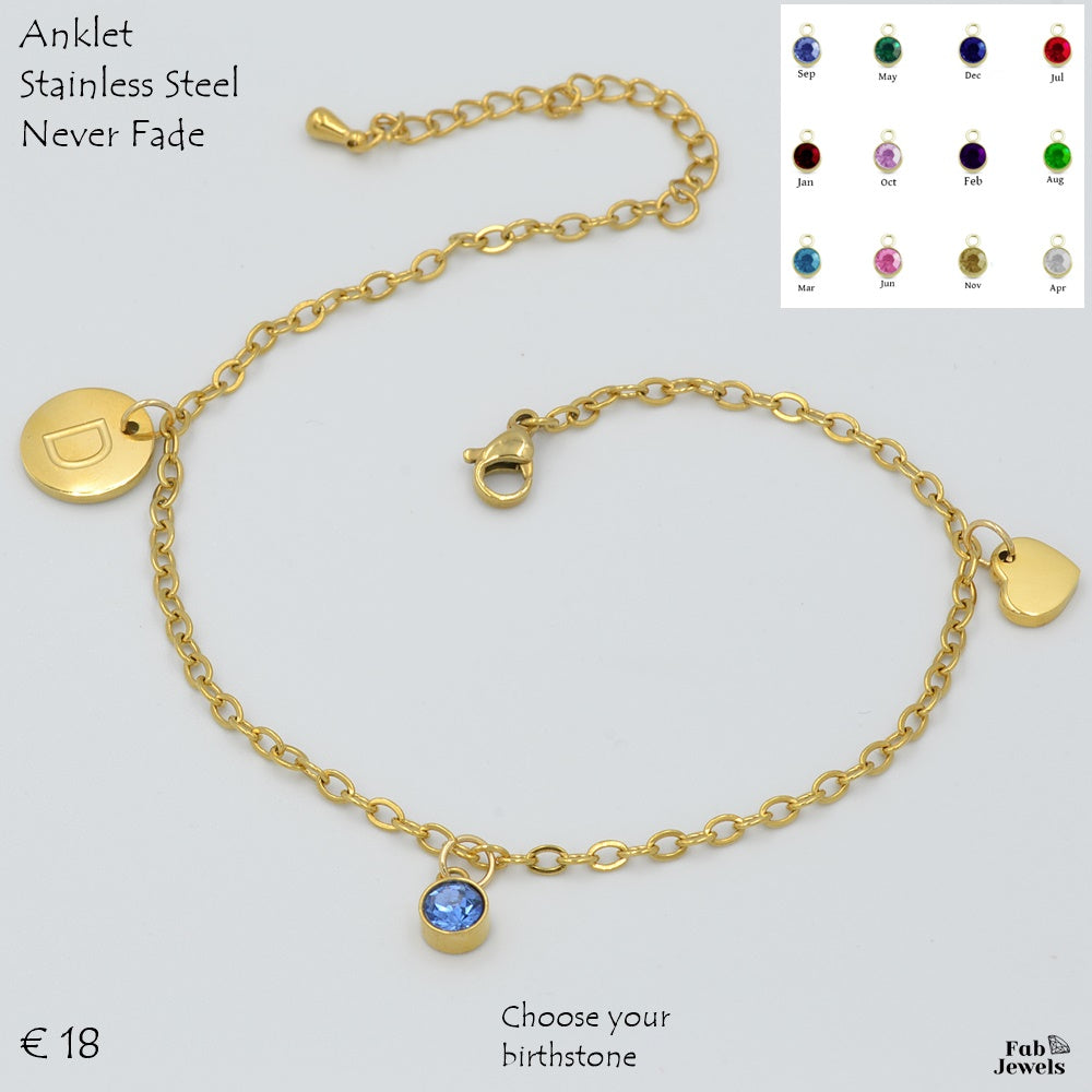 Stainless Steel 316L Personalised Birthstone Initial Anklet Yellow Gold Plated