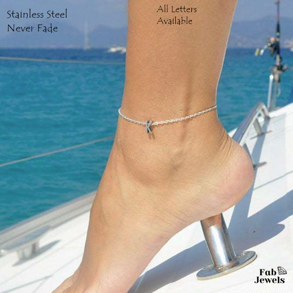 Stainless Steel 316L Personalised Initial Letter Anklet White Rose Yellow Gold Plated