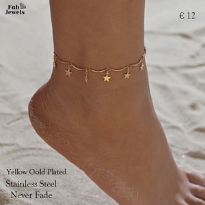 Stainless Steel 316L Star Charm Anklet Ankle Chain Yellow Gold Plated