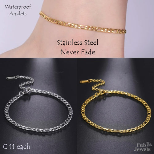 Stainless Steel 316L Figaro Chain Anklet Yellow Gold / Silver