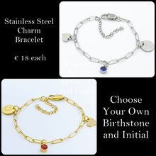 Load image into Gallery viewer, Stainless Steel Charm Bracelet Paperclip Chain with Personalised Initial and Birthstone Inc. Heart Charm