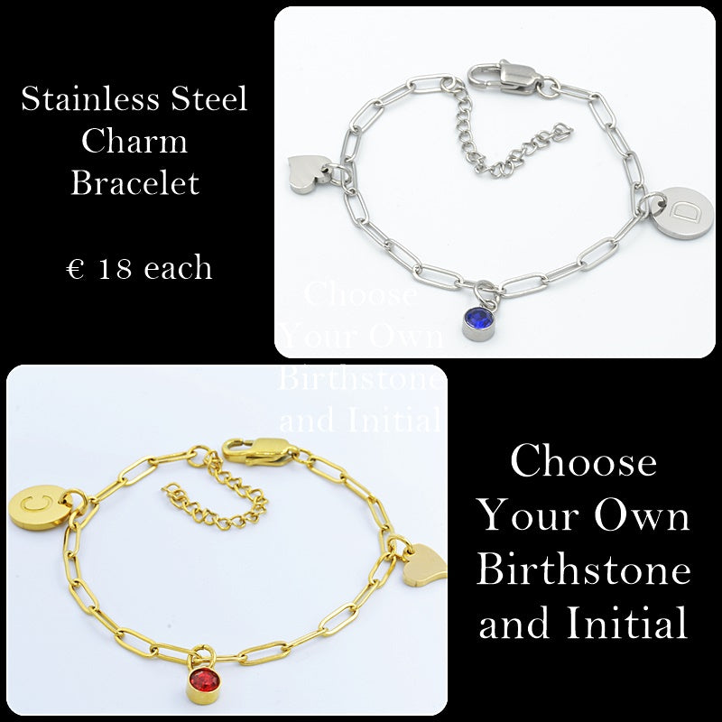 Stainless Steel Charm Bracelet Paperclip Chain with Personalised Initial and Birthstone Inc. Heart Charm