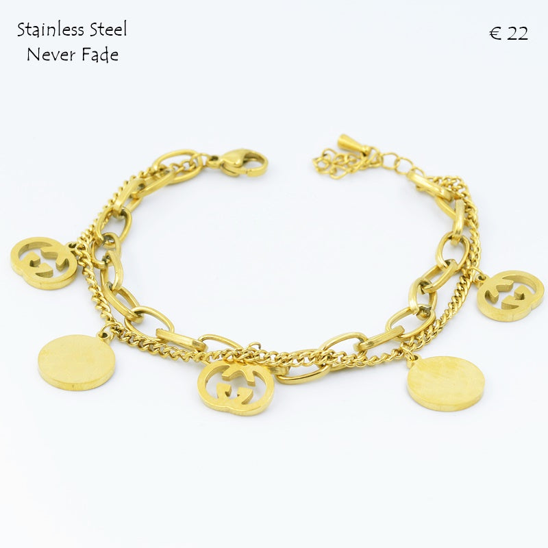 Stainless Steel 316L Yellow Gold High Quality Double Bracelet With Charms