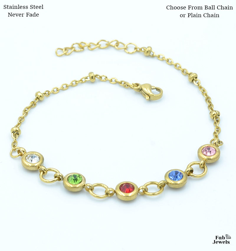 Stainless Steel 316L Personalised Family Birthstone Bracelet in Yellow Gold