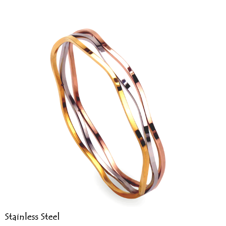 Stainless Steel 3 Colour Multi-layer Yellow/ Rose Gold Plated Silver Bangle