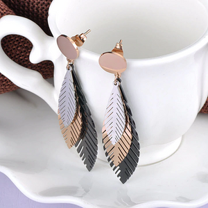 Stainless Steel 3 Colour Long Leave Earrings Hypoallergenic