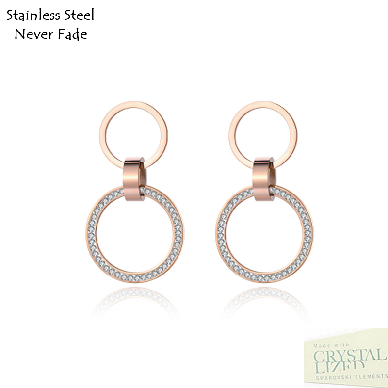 Stainless Steel 316L Hypoallergenic Rose Gold Stud Dangling Earrings with Swarovski Crystals