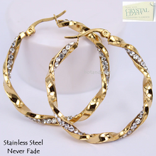 Load image into Gallery viewer, Stainless Steel Yellow Gold Hypoallergenic Hoop Loop Earrings with Swarovski Crystals
