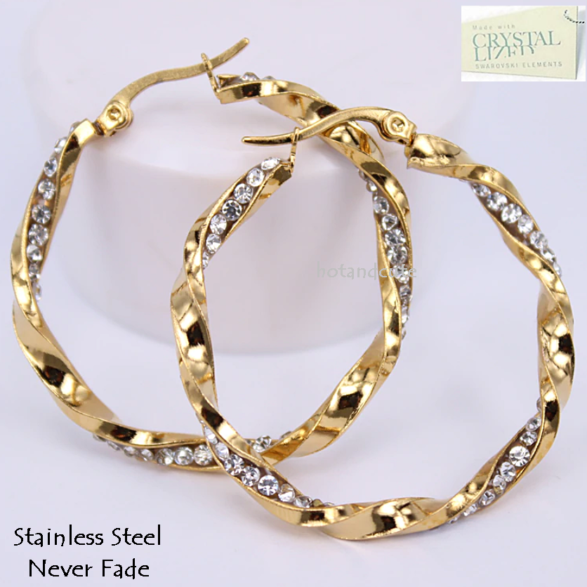 Stainless Steel Yellow Gold Hypoallergenic Hoop Loop Earrings with Swarovski Crystals