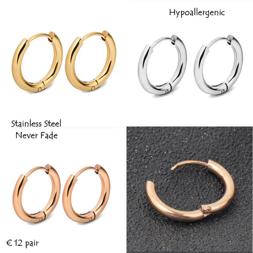 Stainless Steel Hypoallergenic Hoop Earrings Yellow Rose Gold Silver 14mm