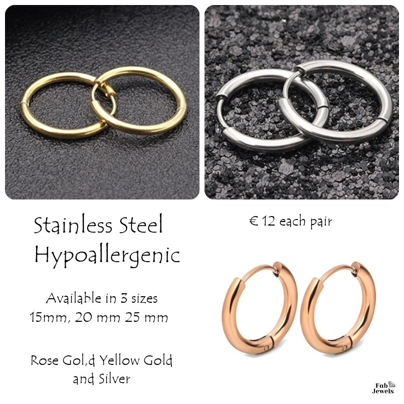 Stainless Steel Hypoallergenic Hoop Earrings Yellow Gold , Rose Gold Silver