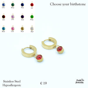 Yellow Gold Plated Hypoallergenic Stainless Steel Earrings Personalised Birthstone Charm