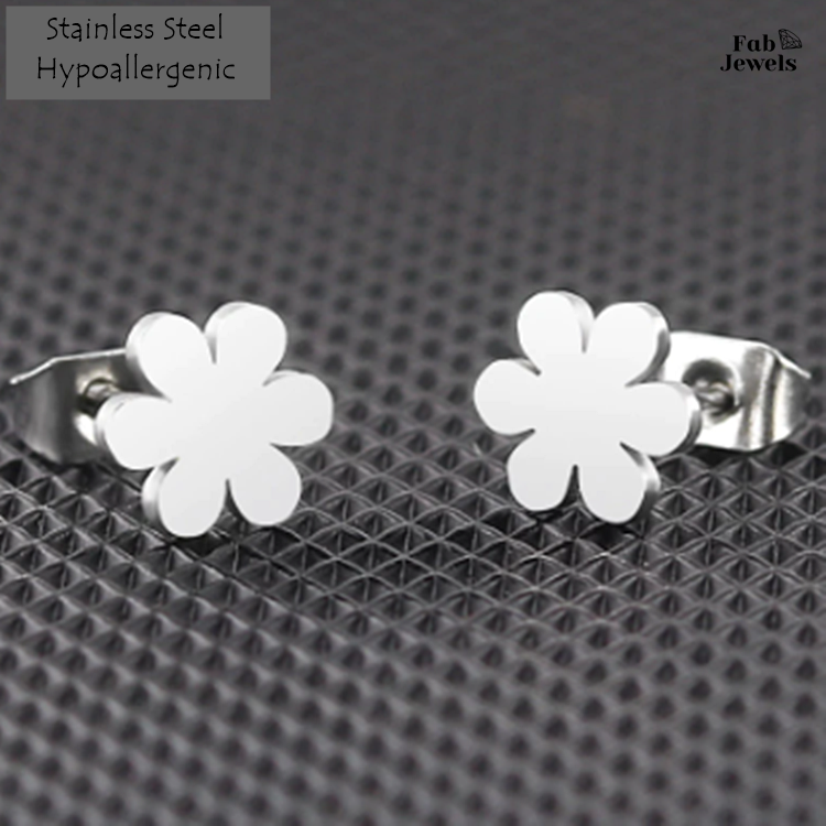 Stainless Steel Silver / Yellow Gold Plated Flower Stud Earrings Hypoallergenic
