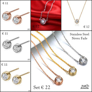 Stainless Steel Silver Yellow Rose Gold Set Necklace and Stud Earrings with Swarovski Crystals