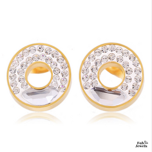 Stainless Steel 316L Hypoallergenic Yellow Gold Round Stud Earrings with Swarovski Crystals