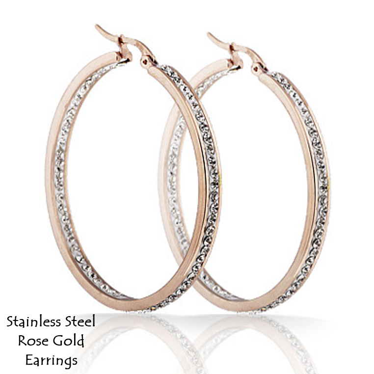 Stainless Steel 316L Hypoallergenic Hoop Rose Gold Earrings with Swarovski Crystals
