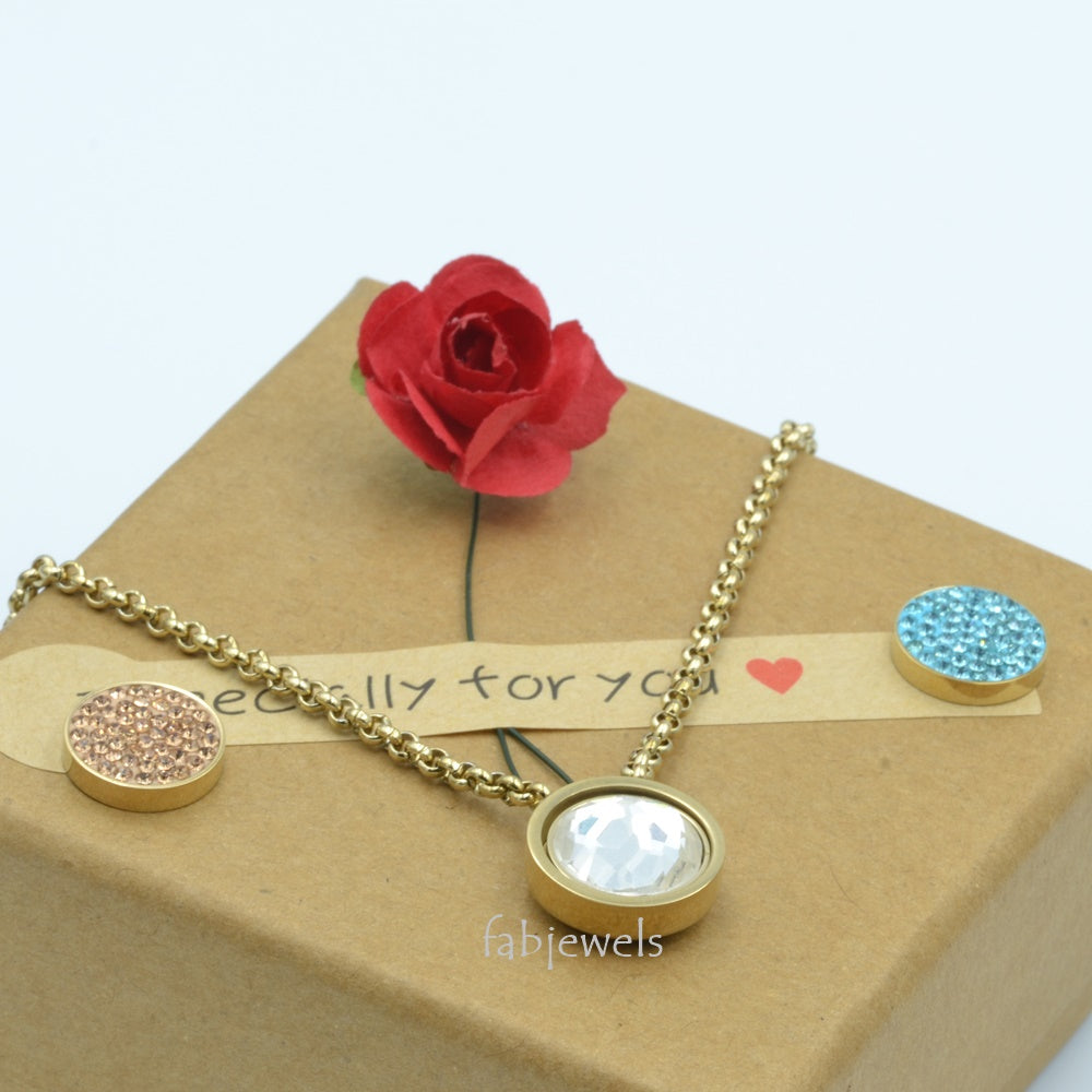 Stainless Steel Yellow Gold Plated Necklace with 3 Crystals Interchangeable Magnetic Inserts