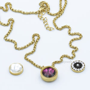 Stainless Steel Yellow Gold Plated Necklace with 3 Crystals Interchangeable Magnetic Inserts