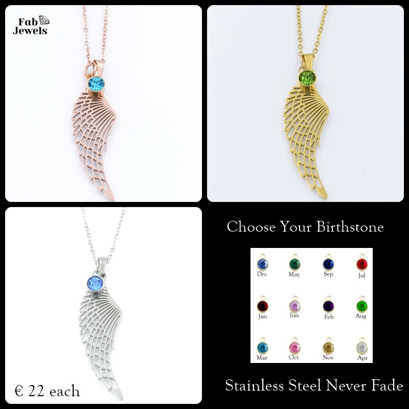 Personalised Stainless Steel Silver / Yellow Gold / Rose Gold Angel Wing Necklace Inc. Birthstone