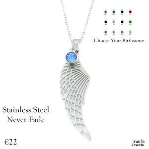 Personalised Stainless Steel Silver / Yellow Gold / Rose Gold Angel Wing Necklace Inc. Birthstone