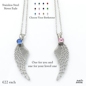 A Pair of Personalised Stainless Steel Silver / Yellow Gold / Rose Gold Angel Wing Necklaces Inc. Birthstone