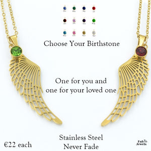 A Pair of Personalised Stainless Steel Silver / Yellow Gold / Rose Gold Angel Wing Necklaces Inc. Birthstone