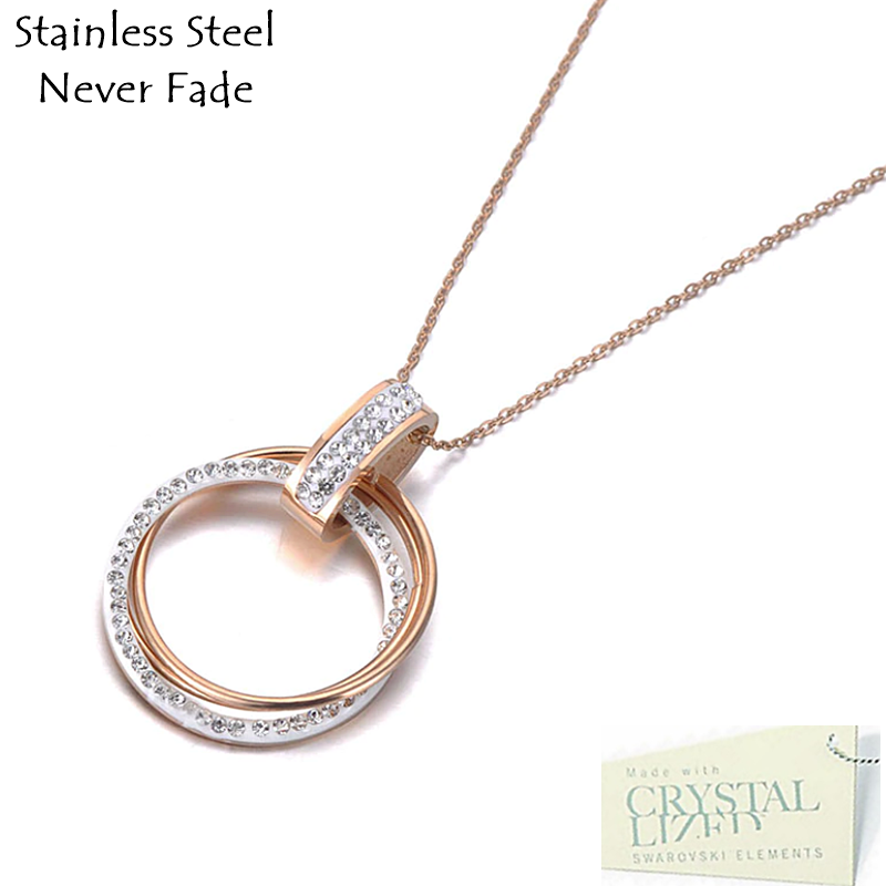 Stainless Steel Rose Gold Plated Silver Necklace with Circle Swarovski Crystals Pendant