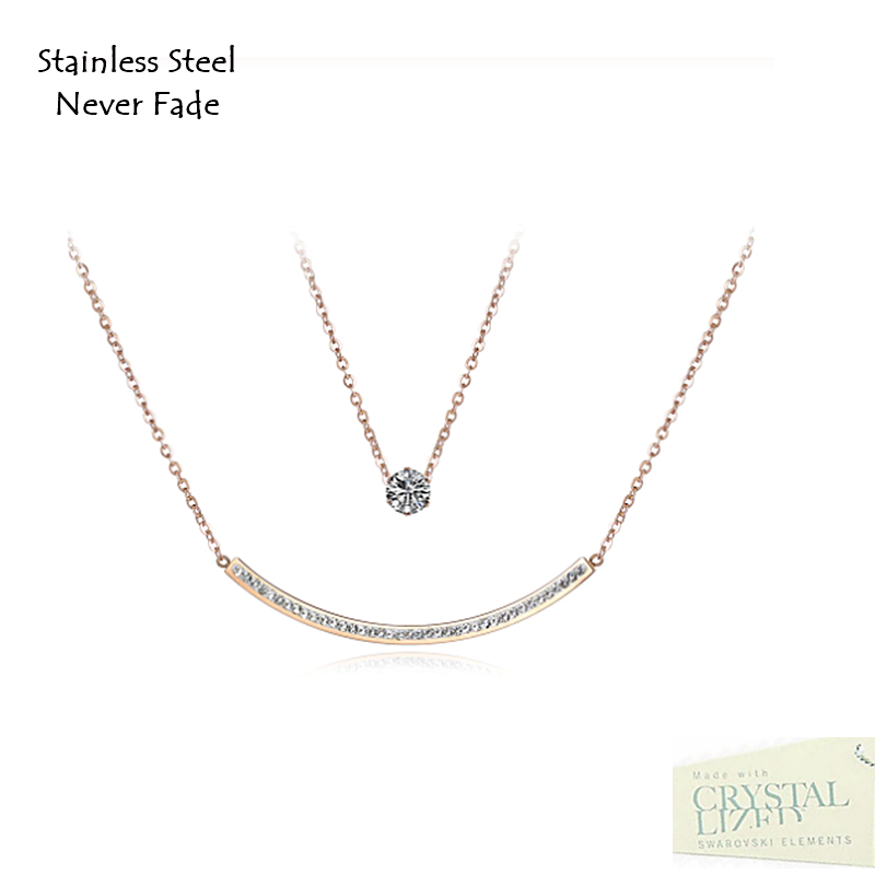 Stainless Steel 316L Rose Gold Plated Multi Layer Necklace with Swarovski Crystals