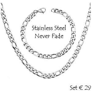Stainless Steel 316L Gold Plated Figaro Chain Set Necklace Bracelet