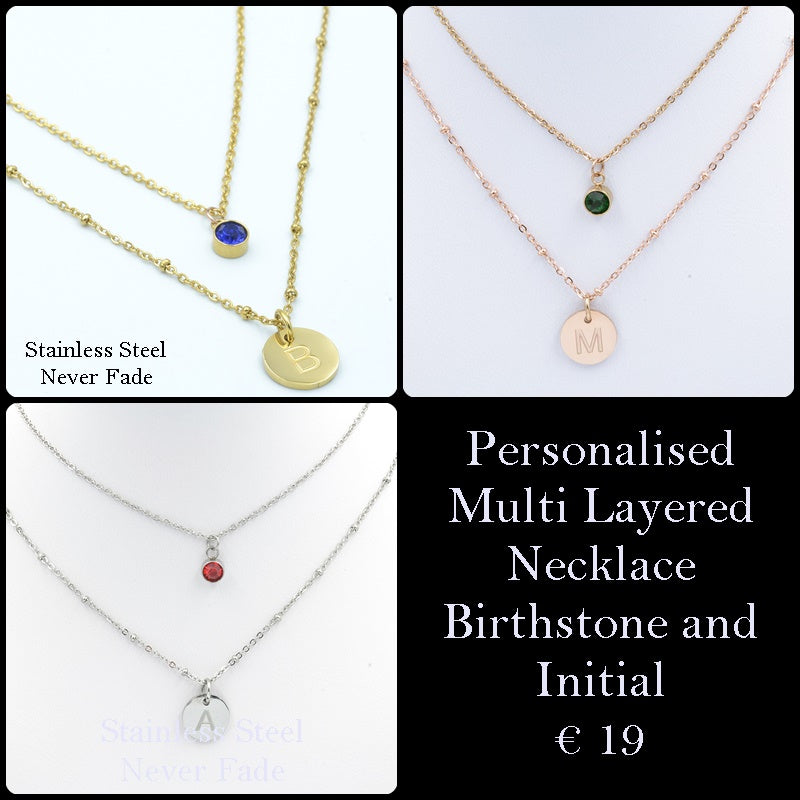 Stainless Steel Multi-Layer Necklace with Personalised Initial and Birthstone