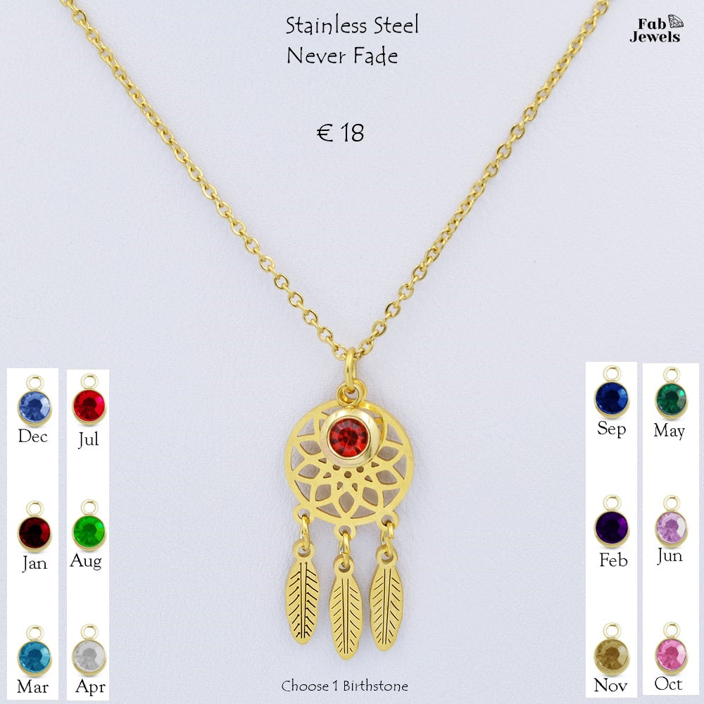 Yellow Gold Plated Stainless Steel Necklace Dreamcatcher Pendant Personalised Birthstone Charm