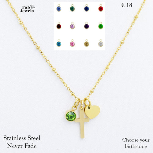 Yellow Gold Plated Stainless Steel Necklace 3 Charm Pendants Personalised Birthstone
