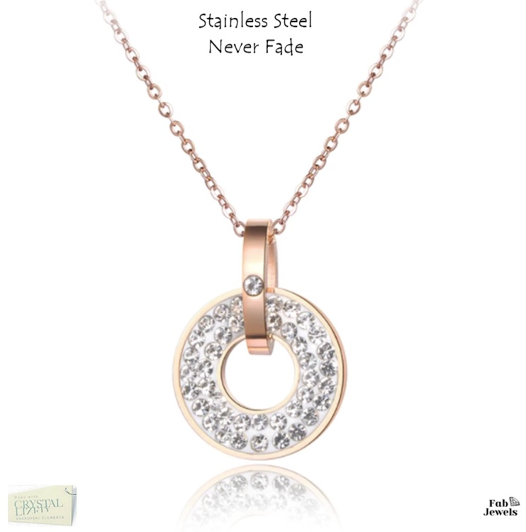 Stainless Steel Rose Gold Necklace with Circle Swarovski Crystals