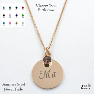 Engraved Stainless Steel 'Ma' Pendant with Personalised Birthstone Inc. Necklace
