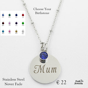 Engraved Stainless Steel 'Mum' Pendant with Personalised Birthstone Inc. Necklace