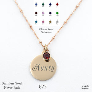 Engraved Stainless Steel 'Aunty' Pendant with Personalised Birthstone Inc. Necklace