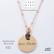 Load image into Gallery viewer, Engraved Stainless Steel &#39;Best Teacher&#39; Pendant with Personalised Birthstone Inc. Necklace