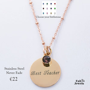 Engraved Stainless Steel 'Best Teacher' Pendant with Personalised Birthstone Inc. Necklace