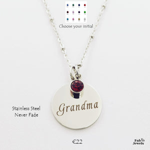 Engraved Stainless Steel 'Grandma' Pendant with Personalised Birthstone Inc. Necklace