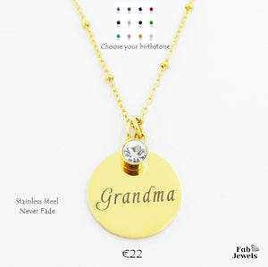 Engraved Stainless Steel 'Grandma' Pendant with Personalised Birthstone Inc. Necklace