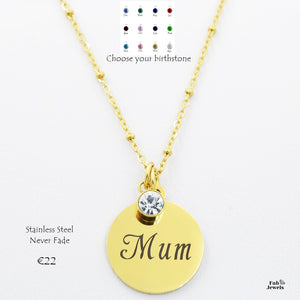 Engraved Stainless Steel 'Mum' Pendant with Personalised Birthstone Inc. Necklace