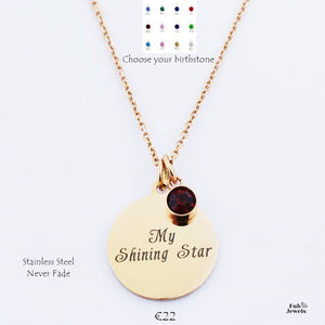 Engraved Stainless Steel 'My Shining Star' Pendant with Personalised Birthstone Inc. Necklace