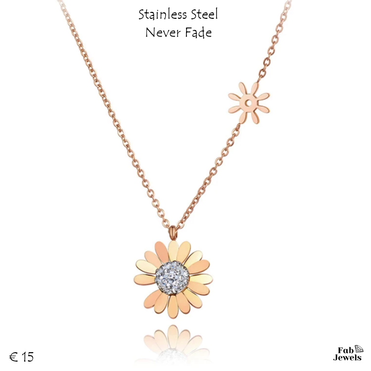 Stainless Steel Rose Gold Necklace Flower with Swarovski Crystals