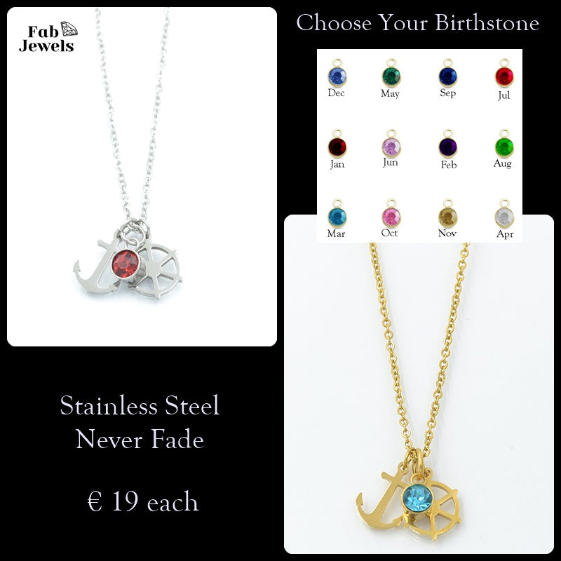 Personalised Stainless Steel Silver / Yellow Gold Anchor & Ship Wheel Pendant Inc.Necklace and Birthstone