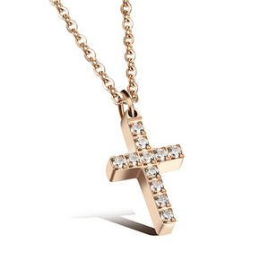 Rose Gold Stainless Steel Small Cross with Swarovski Crystals