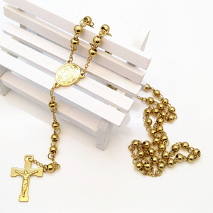 Stainless Steel Rosary Beads Necklace Yellow Gold Plated Silver
