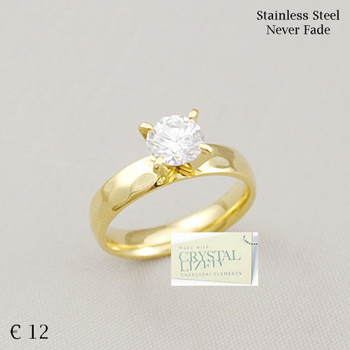 Yellow Gold Plated Stainless Steel Solitaire Ring with Swarovski Crystal