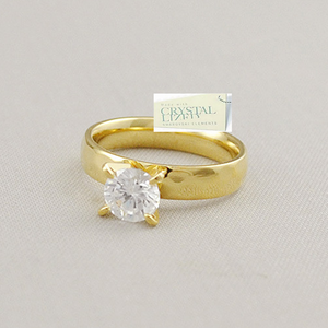 Yellow Gold Plated Stainless Steel Solitaire Ring with Swarovski Crystal