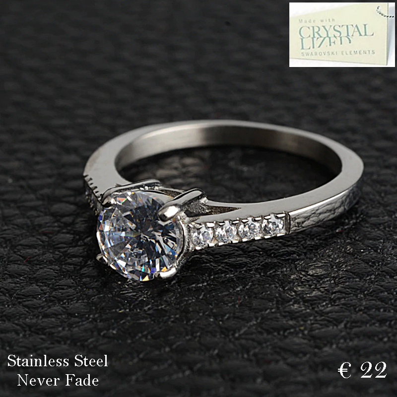 Stainless Steel Solitaire Ring with Swarovski Crystals