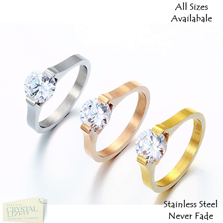Titanium Stainless Steel 316L Silver Rose Yellow Gold Tone Solitaire Ring with Swarovski Crystal